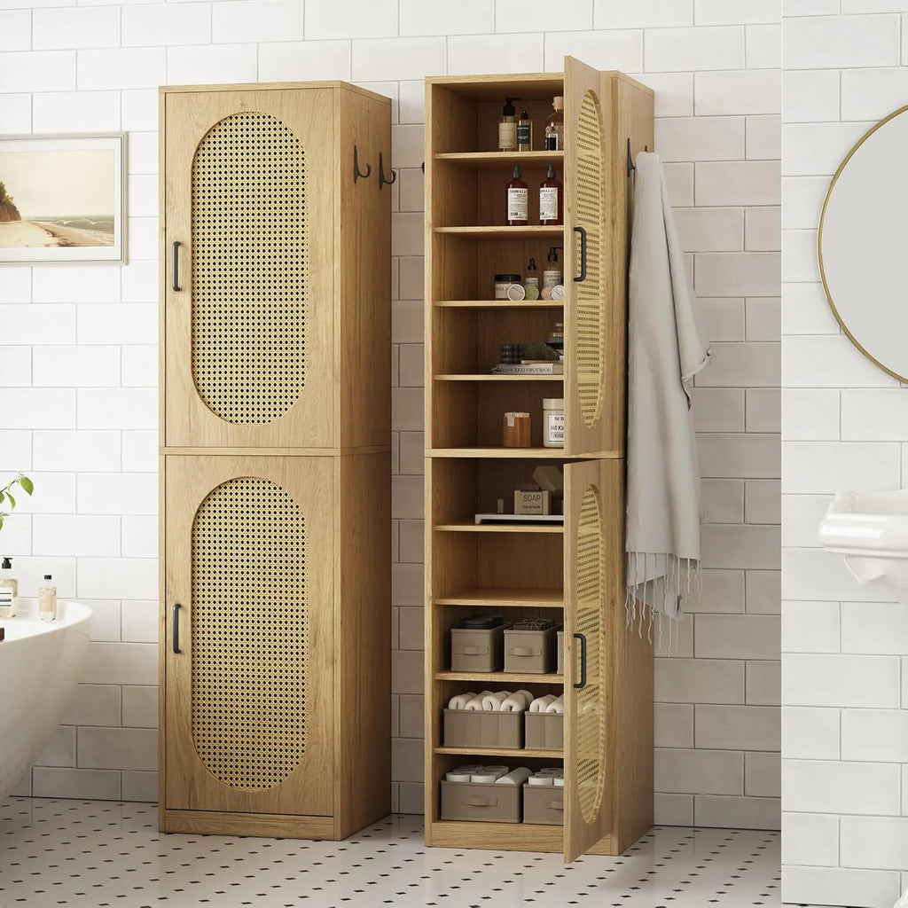66 - Inch Bathroom Storage Cabinet with Rattan Doors, Bath Room Organizer Floor Cabinets Brown