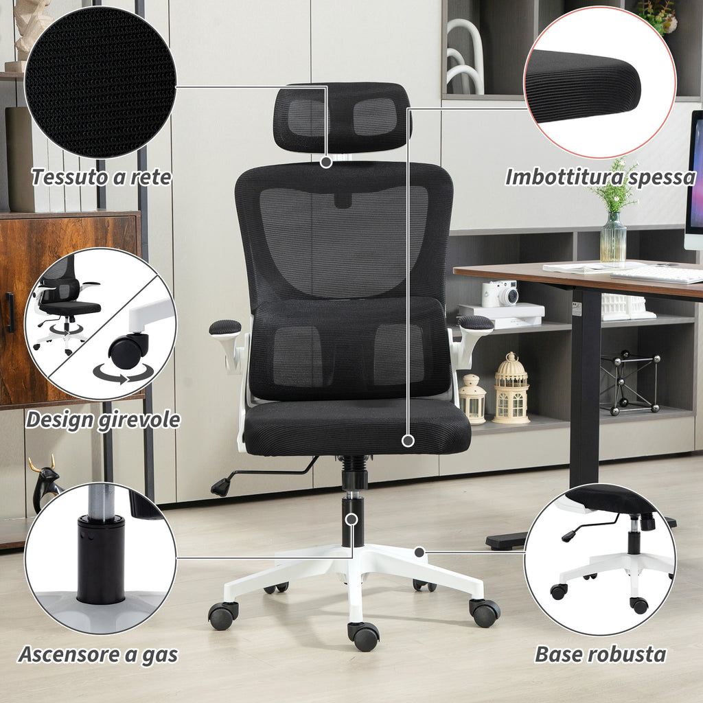 Vinsetto Bürostuhl Verstellbar und Neigbar mit Abnehmbarer Kopfstütze, in Netzstoff, 60x59x114-122 cm, Schwarz