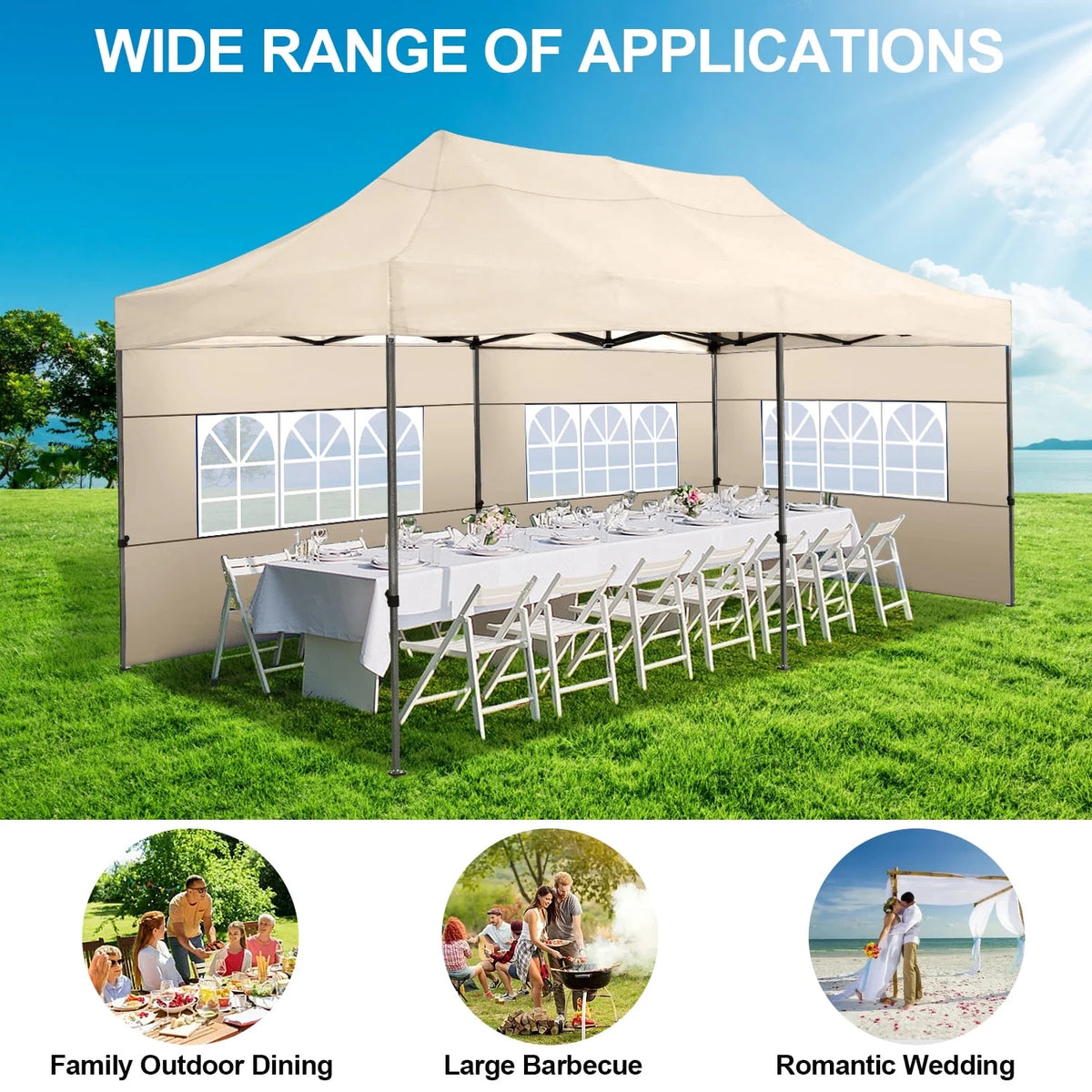 10'X20' Pop up Canopy Waterproof Folding Tent Outdoor Easy Set - up Instant Tent Heavy Duty Commercial Wedding Party Shelter with 6 Removable Sidewalls, 4 Sandbags, Roller Bag, Khaki