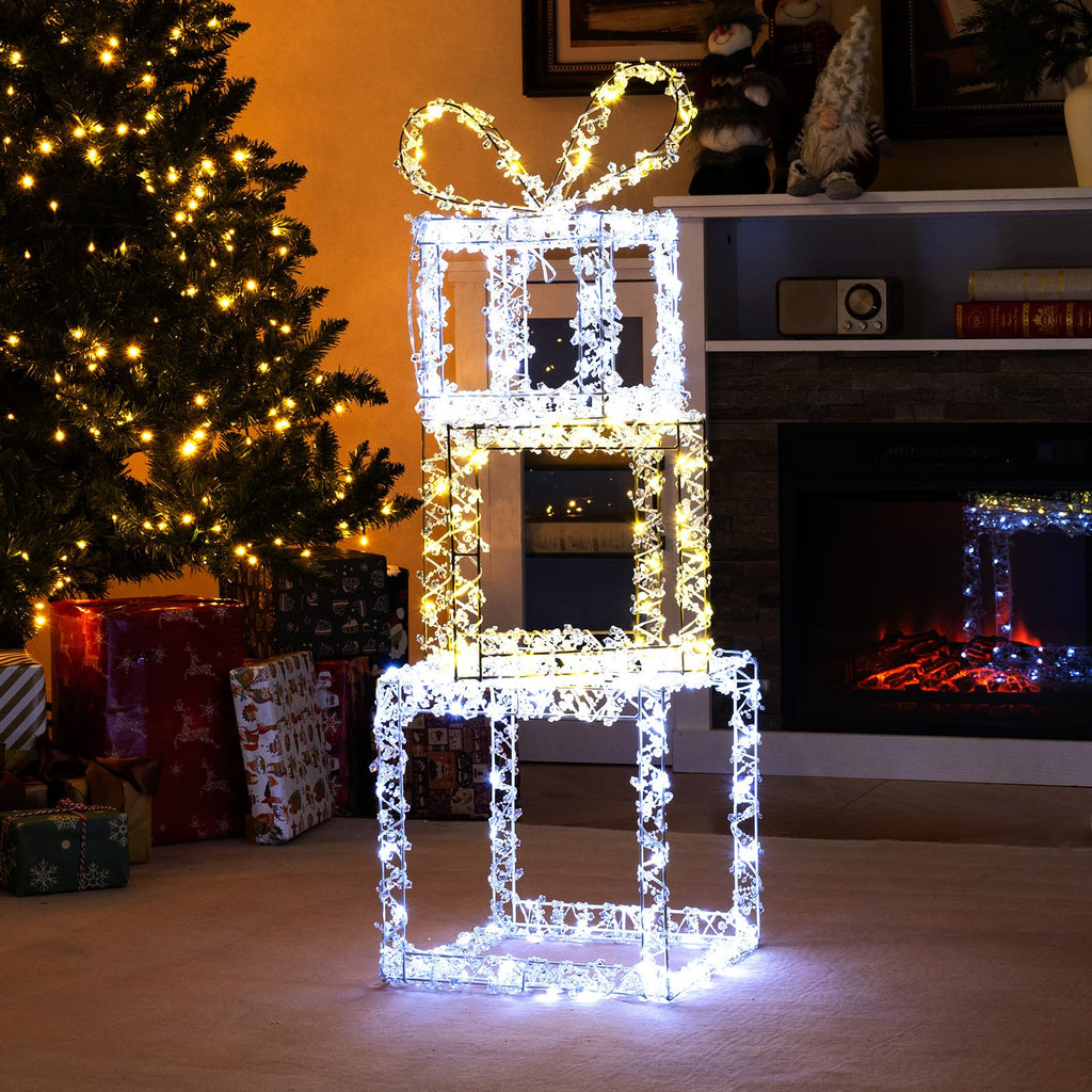 Tangkula Stacked Lighted Gift Boxes Set of 3 Pre-Lit Christmas Present Box Lights