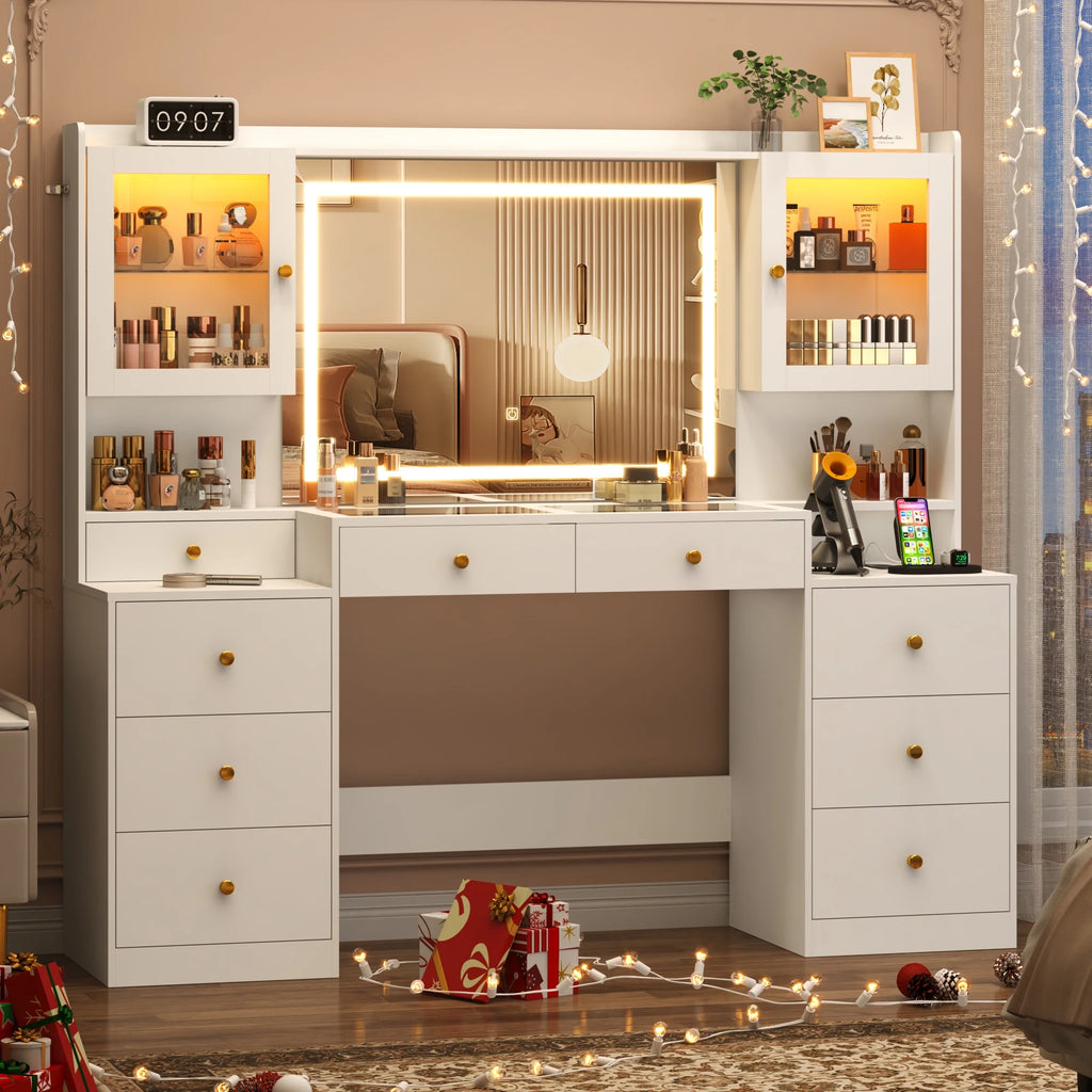 Blotout 62'' Large Vanity Desk W/60000 - Color LED Lights, Tempered Glass Top, Power Outlet, Makeup Vanity Table W/ 3 Lights Mode Mirror, 9 Drawers, 2 RGB Cabinets, LED Dressing Table for Girls, Women