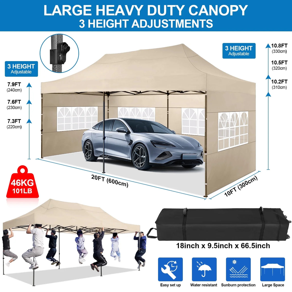 10'X20' Pop up Canopy Waterproof Folding Tent Outdoor Easy Set - up Instant Tent Heavy Duty Commercial Wedding Party Shelter with 6 Removable Sidewalls, 4 Sandbags, Roller Bag, Khaki