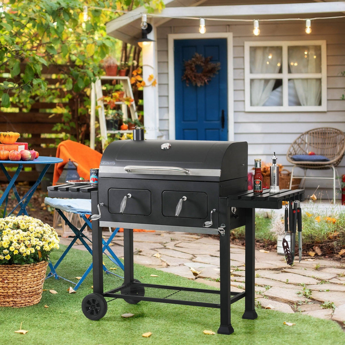 Captiva Designs Double Door Charcoal Patio Grill with 2 Liftable Enamel Charcoal Trays