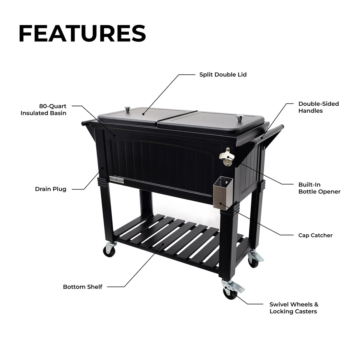 Permasteel 80 - Qt Antique Outdoor Steel Patio Cooler on Wheels, Rolling Cooler Cart, Wooden Teak Style, Black