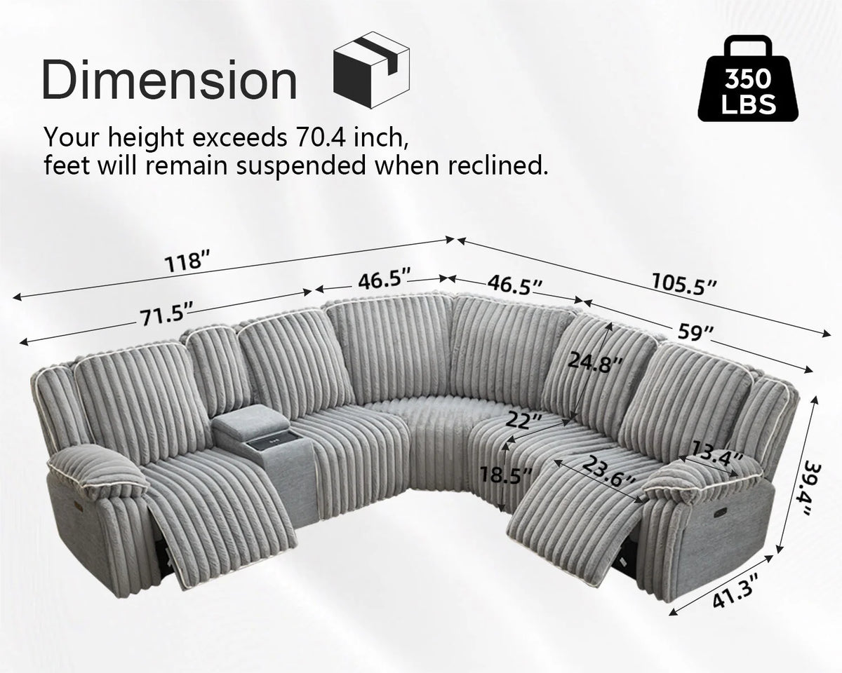 Power Reclining Sectional Sofa with Wireless Charger, 6 - Seater Faux Fur Sectional with Recliners, Hidden Cup Holders, Storage Console, USB & Type - C Ports, Black