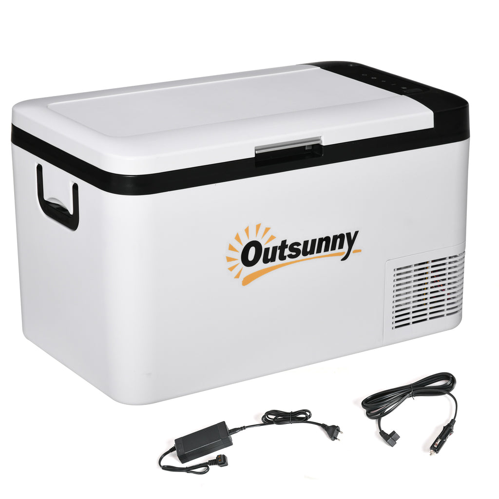 Outsunny Elektrische tragbare Kühlbox 25L 12/24V bis -20℃ Kompressor-Kühlschrank und -Gefrierschrank für Auto mit LED-Licht und klappbaren Griffen Niedriger Energieverbrauch für Zuhause Camping 58,5x33,5x35,2 cm Weiß