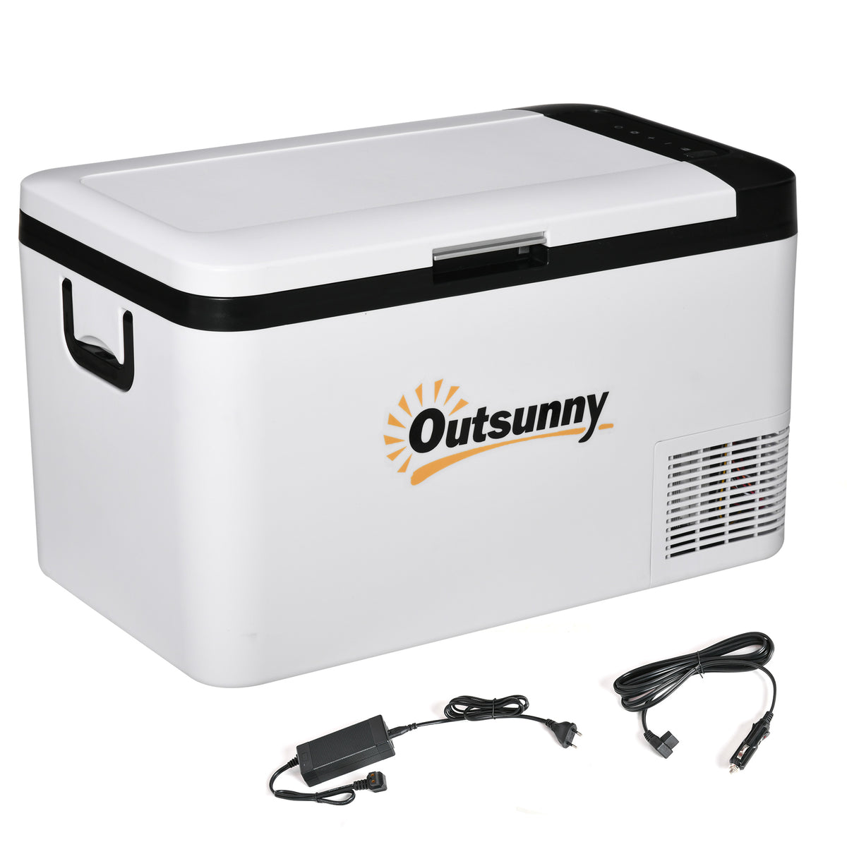 Outsunny Elektrische tragbare Kühlbox 25L 12/24V bis -20℃ Kompressor-Kühlschrank und -Gefrierschrank für Auto mit LED-Licht und klappbaren Griffen Niedriger Energieverbrauch für Zuhause Camping 58,5x33,5x35,2 cm Weiß