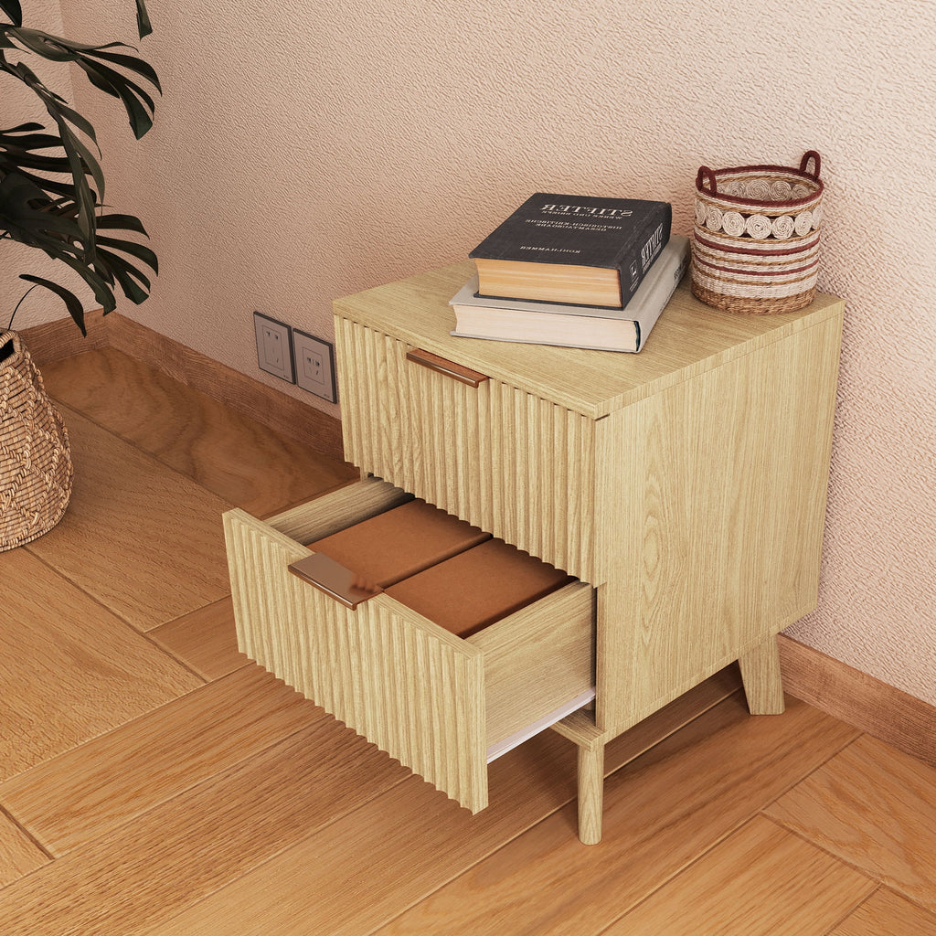 YOCWO Fluted Nightstand for Bedroom Set of 2, Wood Bedside Table Set of 2 with Drawers, Black