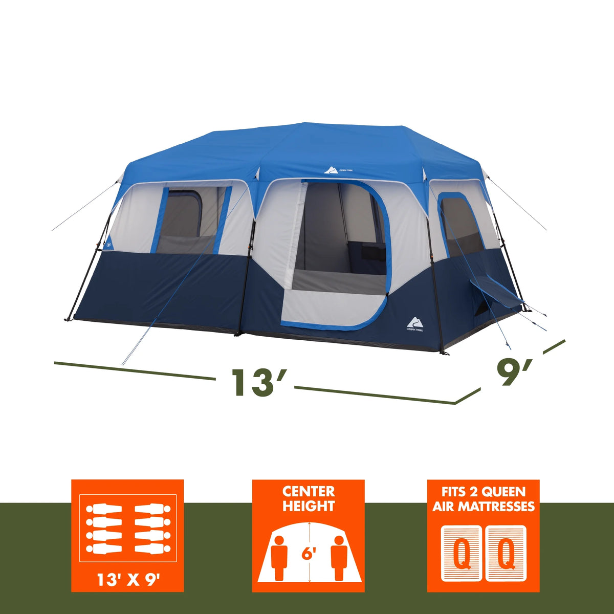Ozark Trail 13' x 9' 8 - Person Cabin Tent with LED Lighted Poles, 32 lb