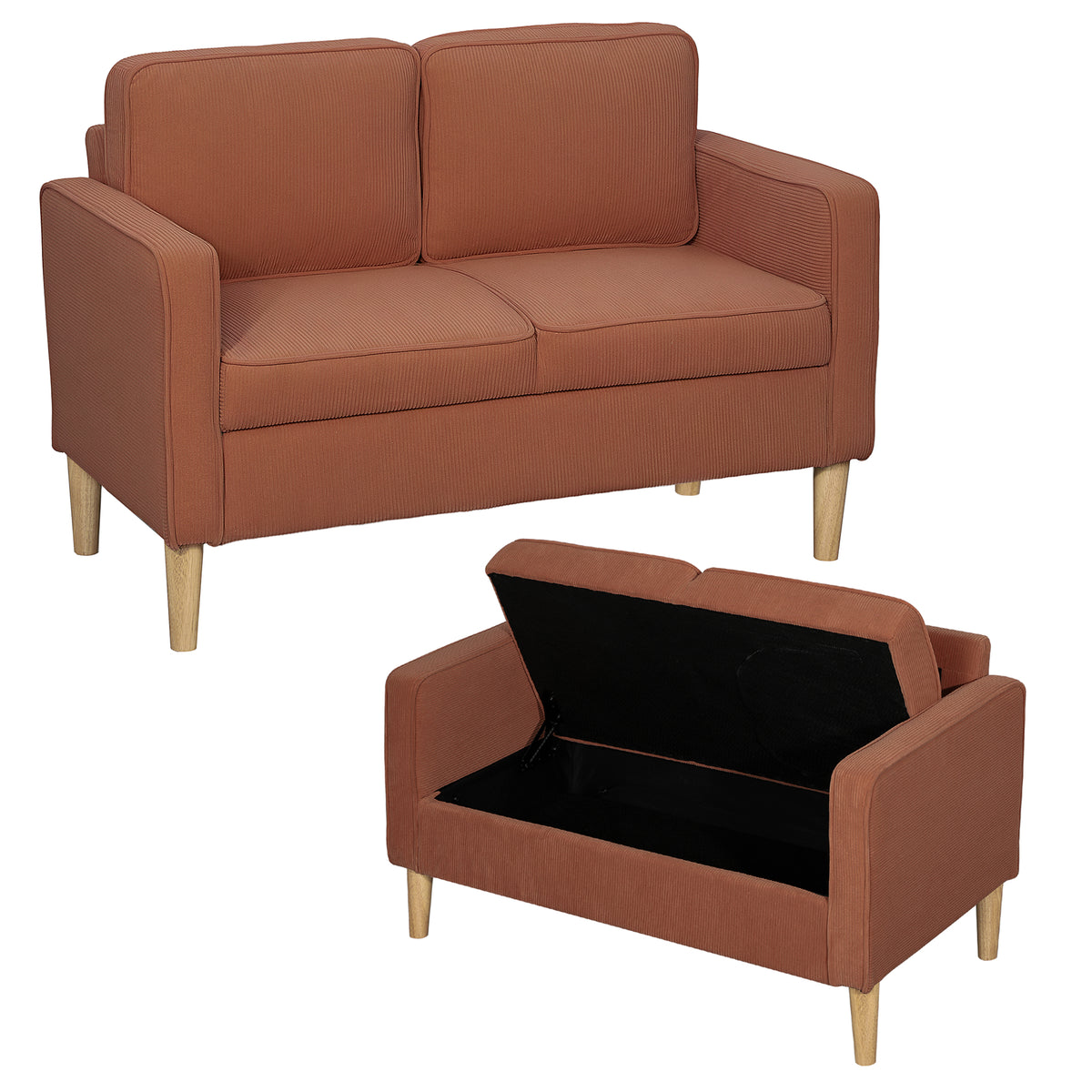 HOMCOM Zweisitzer-Sofa mit Stauraum und soliden Holzbeinen, für Wohnzimmer, Schlafzimmer, 117 x 63 x 79 cm, Orange