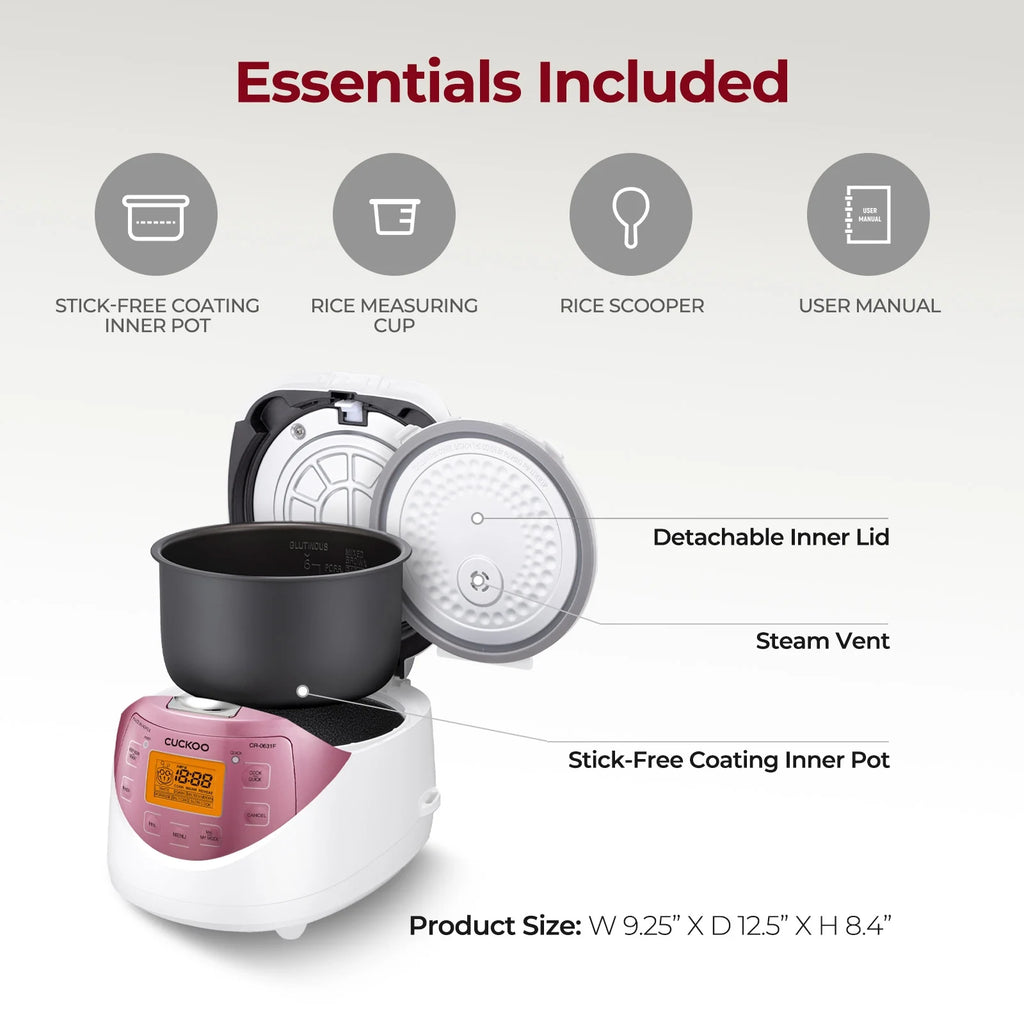 CUCKOO Rice Cooker 12 Cups Cooked Warmer with Nonstick Pot 7 Menu Options and Micom Fuzzy Logic Tech in White/Pink (CR - 0631F)