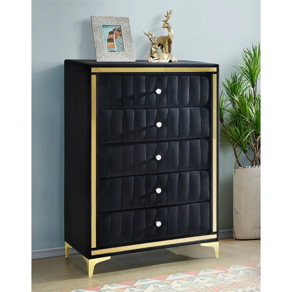 Better Home Products Monique Velvet Upholstered 5 - Drawer Chest in Black