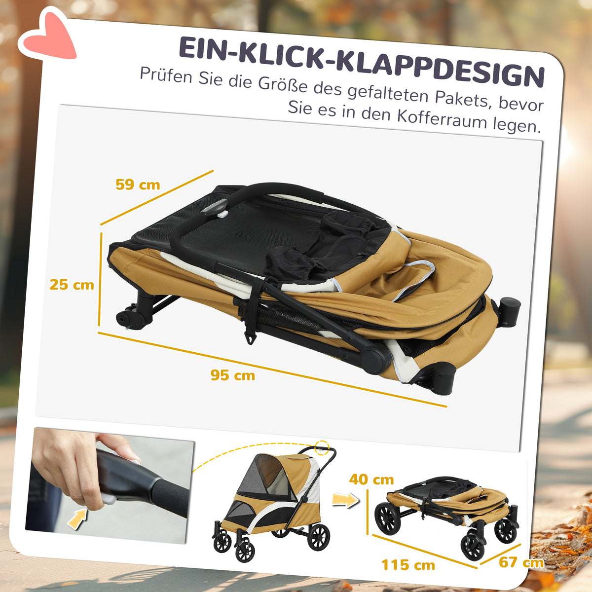 PawHut Hundewagen, Faltbarer Hundebuggy für große Hunde, Haustierwagen mit 4 Rädern, Sicherheitsleinen, Bremsen, Braun