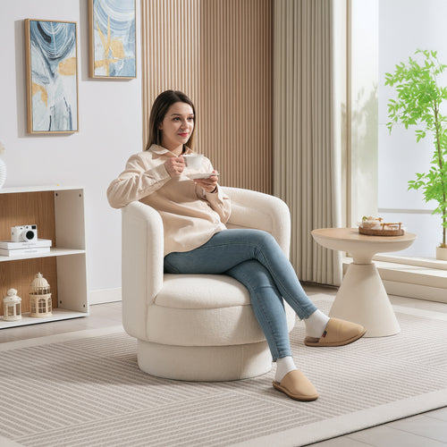 HOMCOM Drehbarer Polstersessel, Moderner Lounge-Sessel mit Kautschukholzrahmen, für Wohnzimmer, Schlafzimmer, Cremeweiß