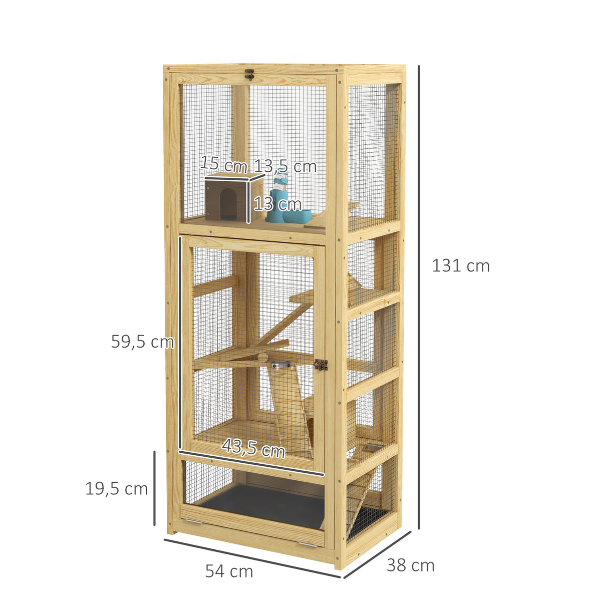 PawHut Käfig für Hamster oder kleine Tiere aus Holz, 5 Etagen mit Leiter Hütte Schaukel 54 x 38 x 131 cm Naturholz