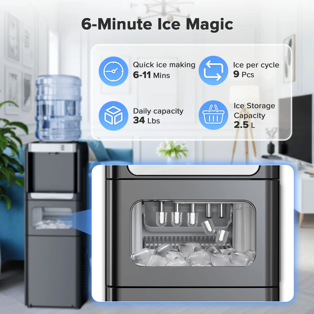 LHRIVER 2 - 5 Gallon Water Dispenser & 6 - Min Ice Maker, 3 - in - 1 Hot/Cold/Ice, Child Lock & Energy - Efficient, for Home/Office, Black