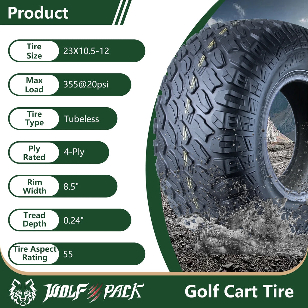 Set 4 WOLF PACK 23X10.5 - 12 Golf Cart Tires Non - Directional Tubeless Tire Multi - Terrain Tire with Superior Traction and Mud - Resistant Self - Cleaning Tread Design for Long - Lasting Performance