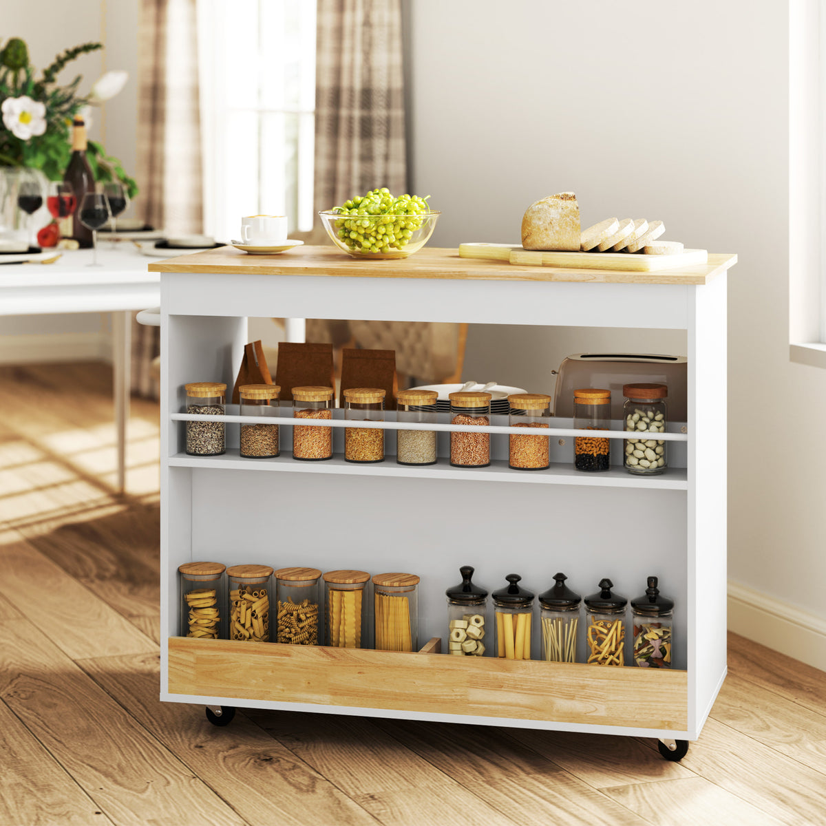 HOMCOM Küchenwagen, Rollbare Kücheninsel, Küchen-Trolley mit Fächern, Schrank und Arbeitsfläche, Weiß