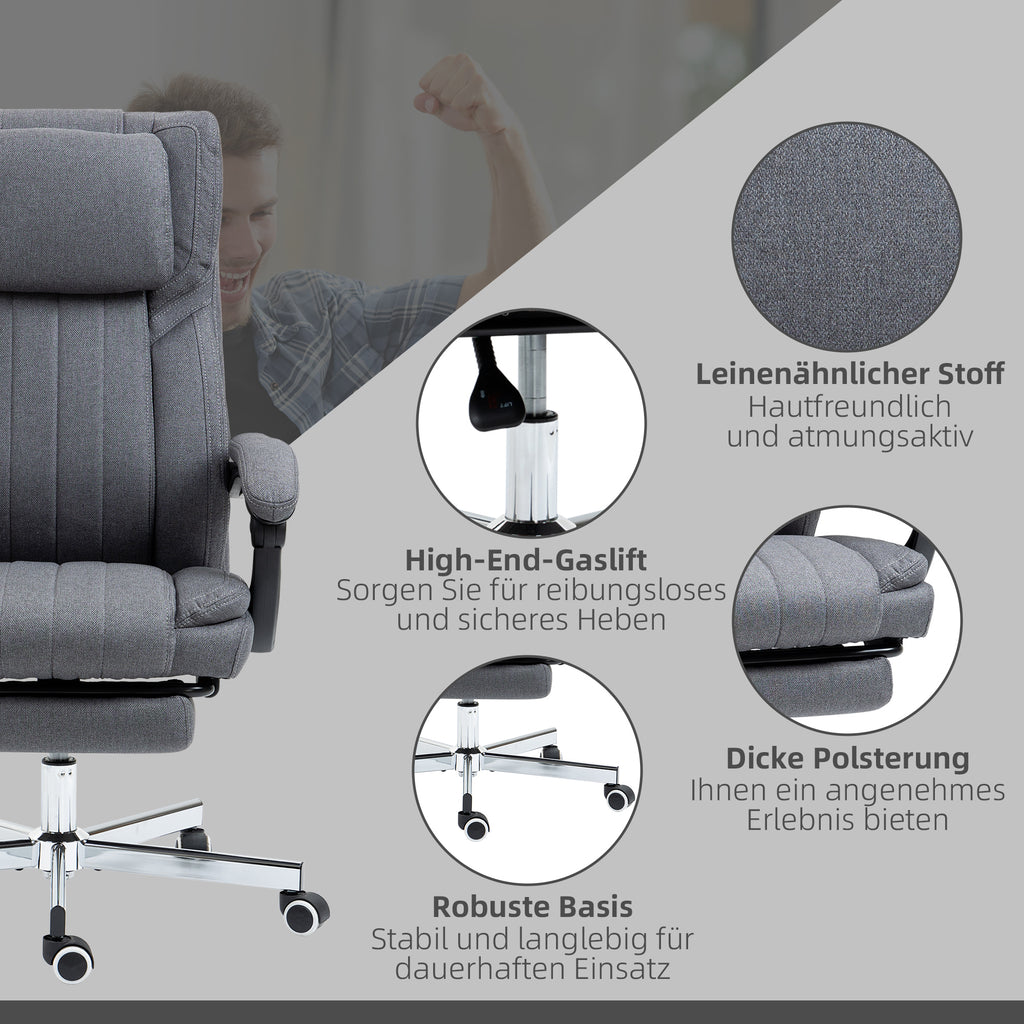 Vinsetto Bürostuhl mit Massagefunktion, neigbare Rücklehne, ausziehbare Fußstütze, Leinenoptik, grau, 65 x 61 x 113 cm