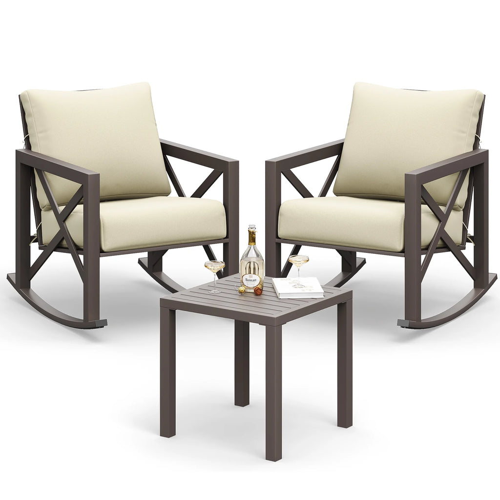 MRUAKA Rocking Chair Bistro Set, 3 Piece Outdoor Patio Furniture Set with 2 Rockers and 1 Metal Coffee Table with Thick Cushions for Porch, Backyard, Poolside, Beige