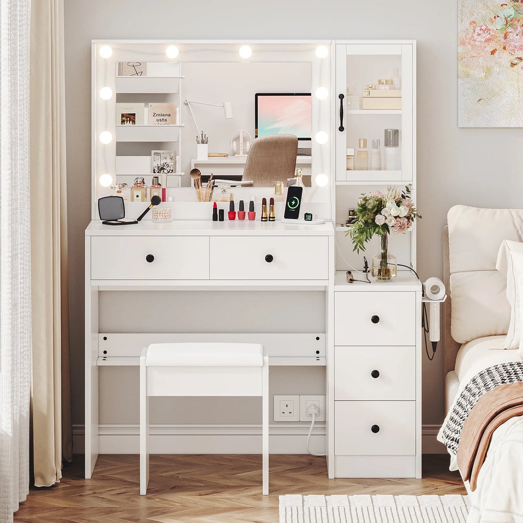 UGTOO 58.3" White Vanity Desk with Mirror, Adjustable Lighting, Power Outlet, Drawers, with Stool