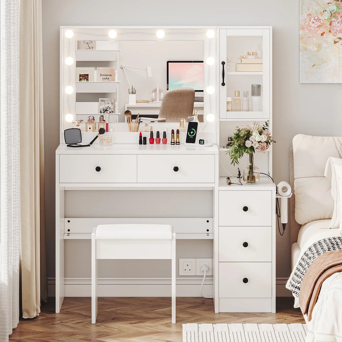 UGTOO 58.3" White Vanity Desk with Mirror, Adjustable Lighting, Power Outlet, Drawers, with Stool