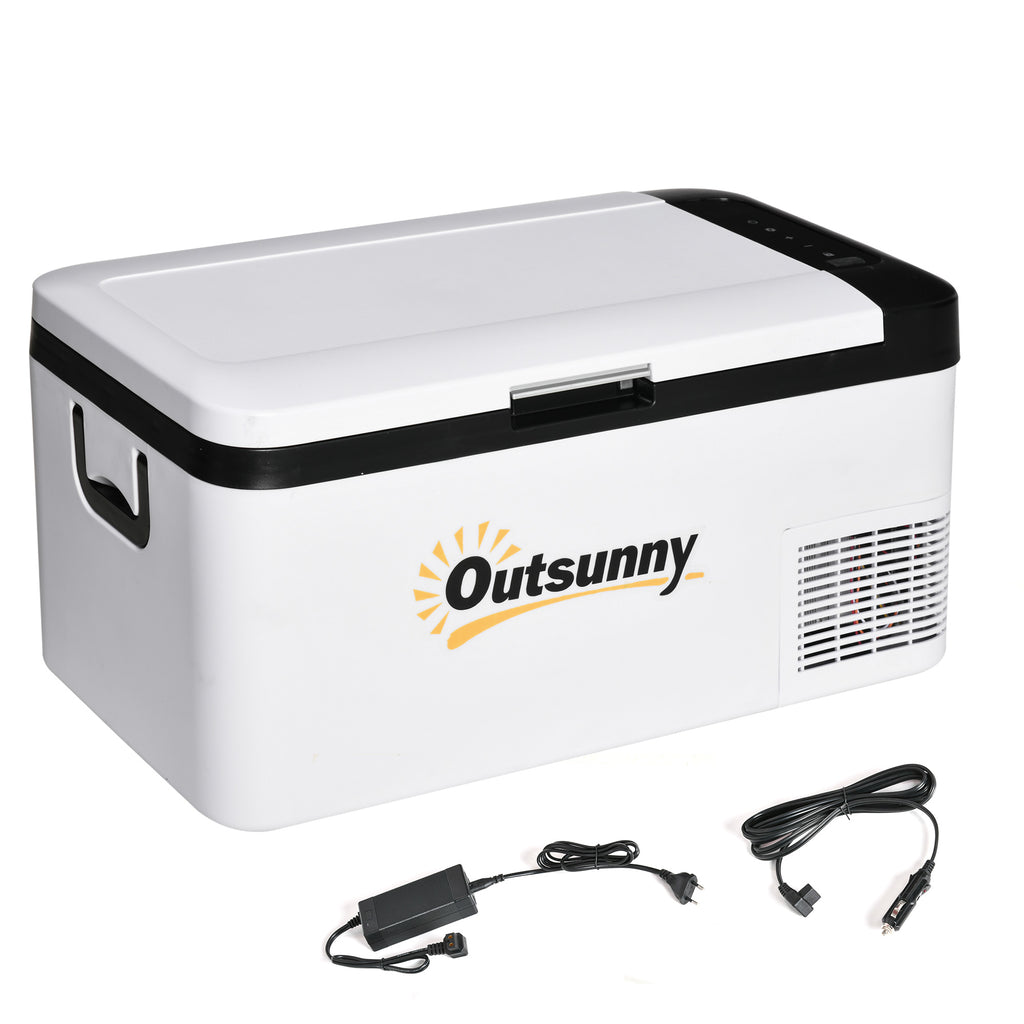 Outsunny Elektrische Tragbare Kühlbox 18L 12/24V bis -20℃ Kühlschrank und Gefrierschrank mit Kompressor für Auto mit LED-Licht und Klappgriffen Niedriger Energieverbrauch für Zuhause Camping 58,5x33,5x29,2 cm Weiß