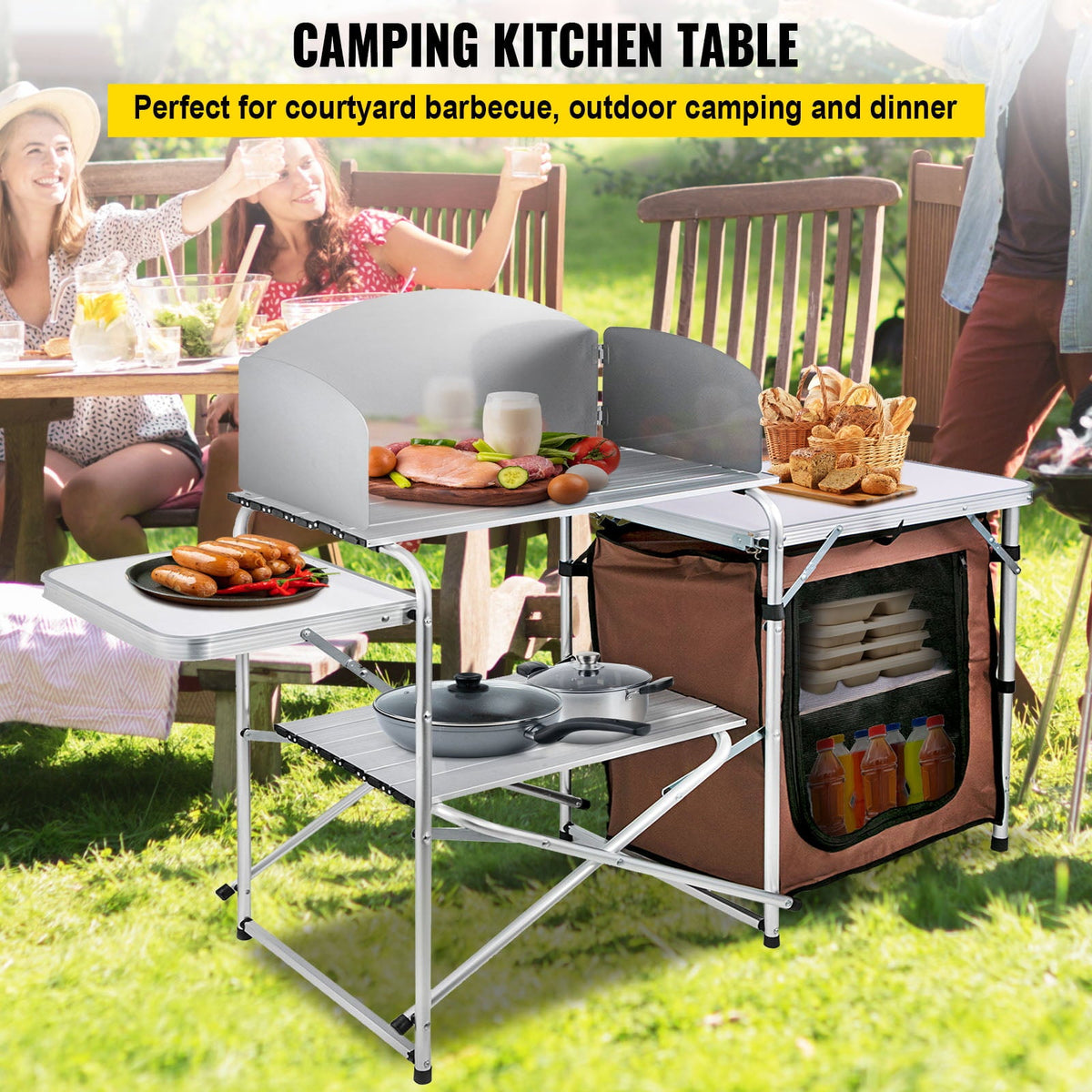 Camping Kitchen Station. Aluminum Portable Folding Camp Cook Table with Windshield. Storage Organizer and 4 Adjustable Feet. Quick Installation for Outdoor Picnic Beach Party Cooking. Brown