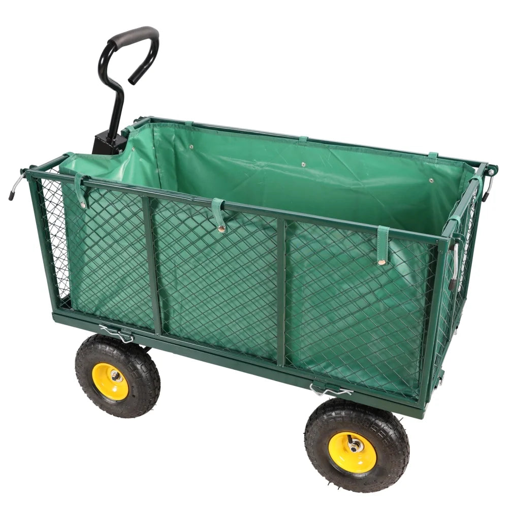Gzxs Heavy Duty 880 lb Capacity Mesh Steel Garden Cart, Folding Utility Wagon with Removable Sides, Cart Liner, Storage Basket and 10" Large Wheels (Green)