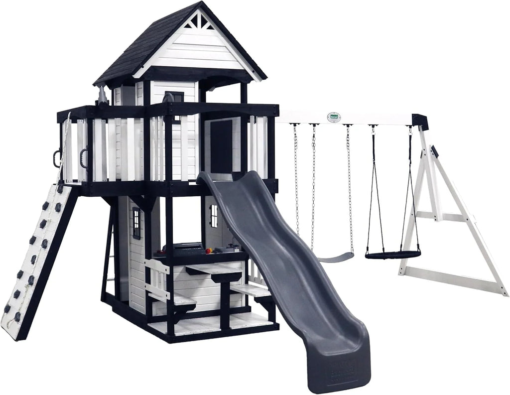 Backyard Discovery Canyon Creek Cedar Wood Swing Set with Wave Slide, Clubhouse, Play Kitchen, Picnic Area, Belt Swings, Web Swing, Rock Wall, Balconies, Playhouse, Step Ladder, Outdoor Playset