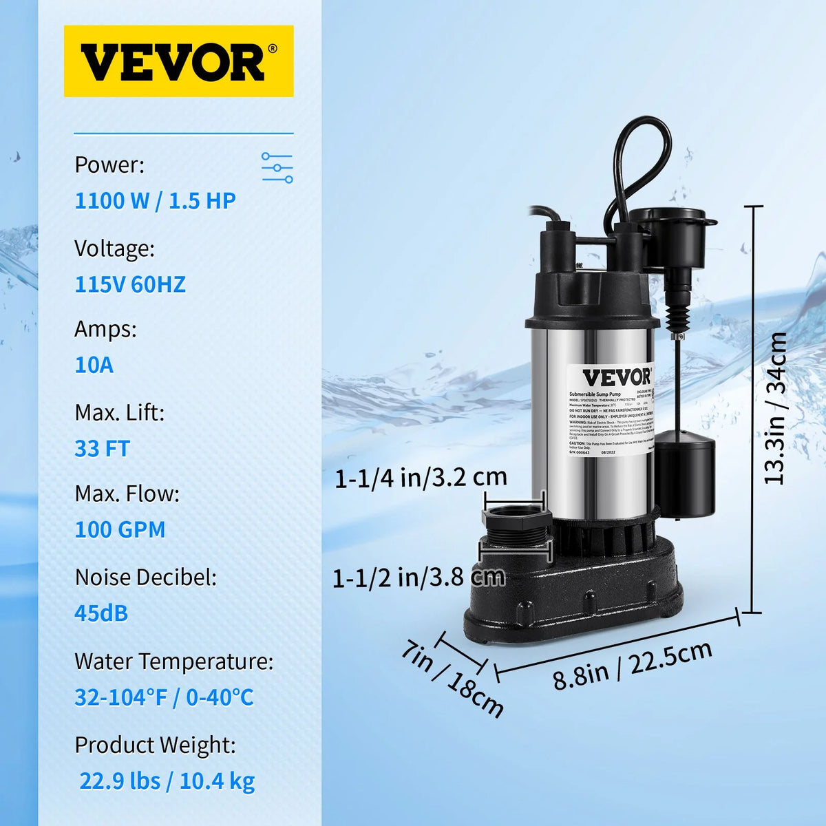 VEVOR Sump Pump, 1.5 HP 6000 GPH, Submersible Cast Iron and Stainless Steel Water Pump, 1 - 1/2" Discharge with 1 - 1/4" Adaptor, Automatic Vertical Float Switch, for Indoor Basement Water Basin