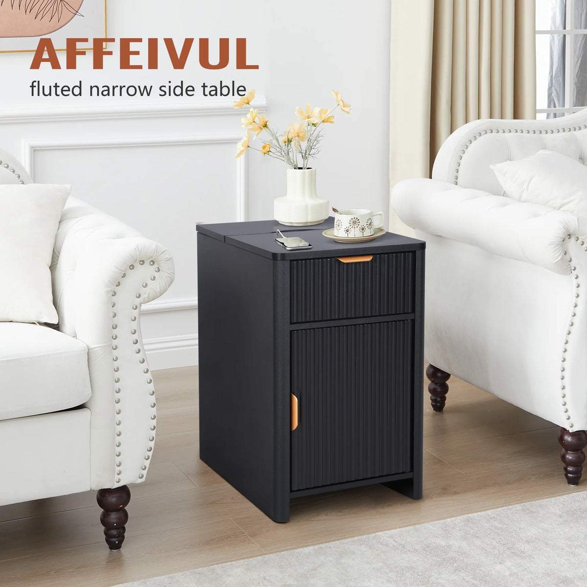 YOCWO Fluted Nightstand for Bedroom Set of 2, Wood Bedside Table Set of 2 with Drawers, Black