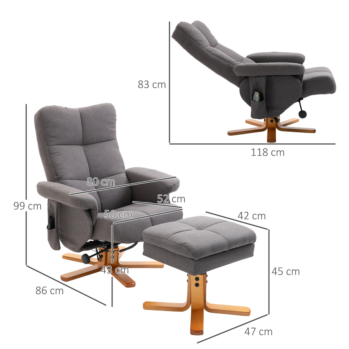 HOMCOM Relaxsessel mit Fußhocker, Stauraum, Elektrischer Massagesessel mit Liegefunktion, Drehbarer Fernsehsessel mit Seitentasche, Fernbedienung, Holzrahmen, Polyester, Dunkelgrau