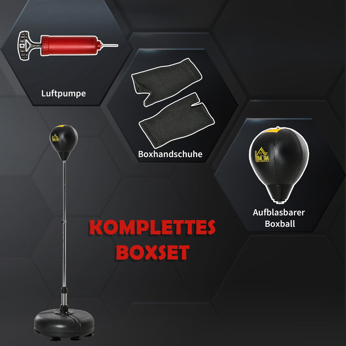 HOMCOM Punchingball Set Standbox Fitness Boxsack Training Set 133-151 cm höhenverstellbar mit 1 paar Handschuhe geeignet für Profis und Anfänger Schwarz