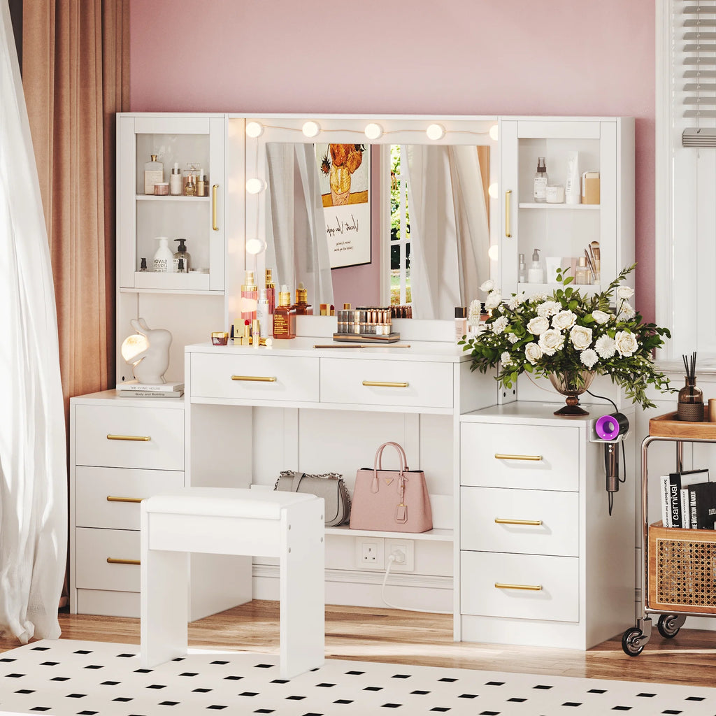 UGTOO 58.3" White Vanity Desk with Mirror, Adjustable Lighting, Power Outlet, Drawers, with Stool