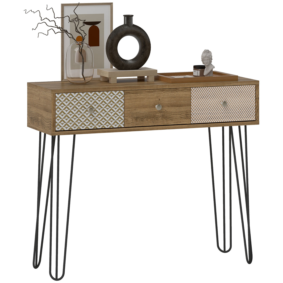 HOMCOM Konsolentisch mit 3 Schubladen, schmaler Eingangstisch mit Stahlhaarnadelbeinen, 90 x 30 x 75 cm, braun