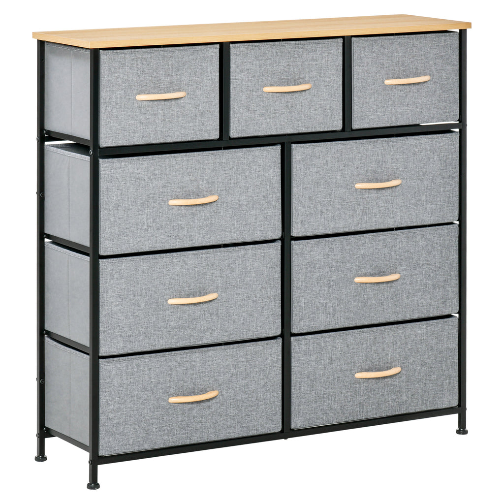 HOMCOM Kommode 9 Schubladen Stoffaufbewahrungsschrank klappbare Schublade - schwarzes Stahlgestell - 100 x 30 x 100 cm, Eiche und Grau