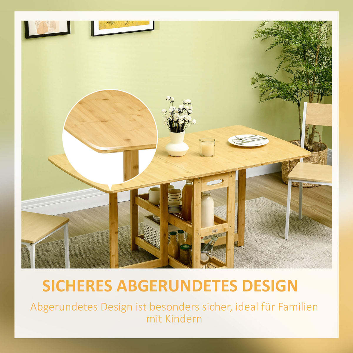 HOMCOM Klapptisch, Esstisch, zwei klappbare Seiten, zwei Ablagen, verstellbare Füße, Bambus, 149,5 x 80 x 73,5cm