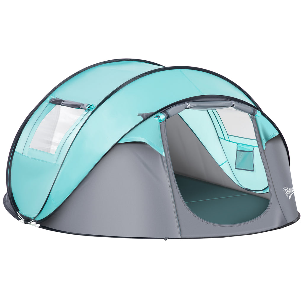 Outsunny Campingzelt Pop-Up für 4 Personen, wasserdichtes Kuppelzelt, leicht und belüftet, einfach aufzubauen mit 2 Fenstern und 2 Türen, Transporttasche inklusive, Maße 286L x 209B x 122H cm, Polyester in Blau und Hellgrau