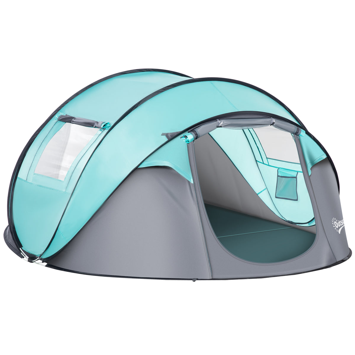 Outsunny Campingzelt Pop-Up für 4 Personen, wasserdichtes Kuppelzelt, leicht und belüftet, einfach aufzubauen mit 2 Fenstern und 2 Türen, Transporttasche inklusive, Maße 286L x 209B x 122H cm, Polyester in Blau und Hellgrau