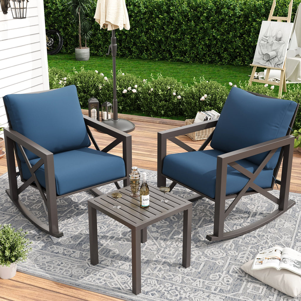 MRUAKA Rocking Chair Bistro Set, 3 Piece Outdoor Patio Furniture Set with 2 Rockers and 1 Metal Coffee Table with Thick Cushions for Porch, Backyard, Poolside, Beige