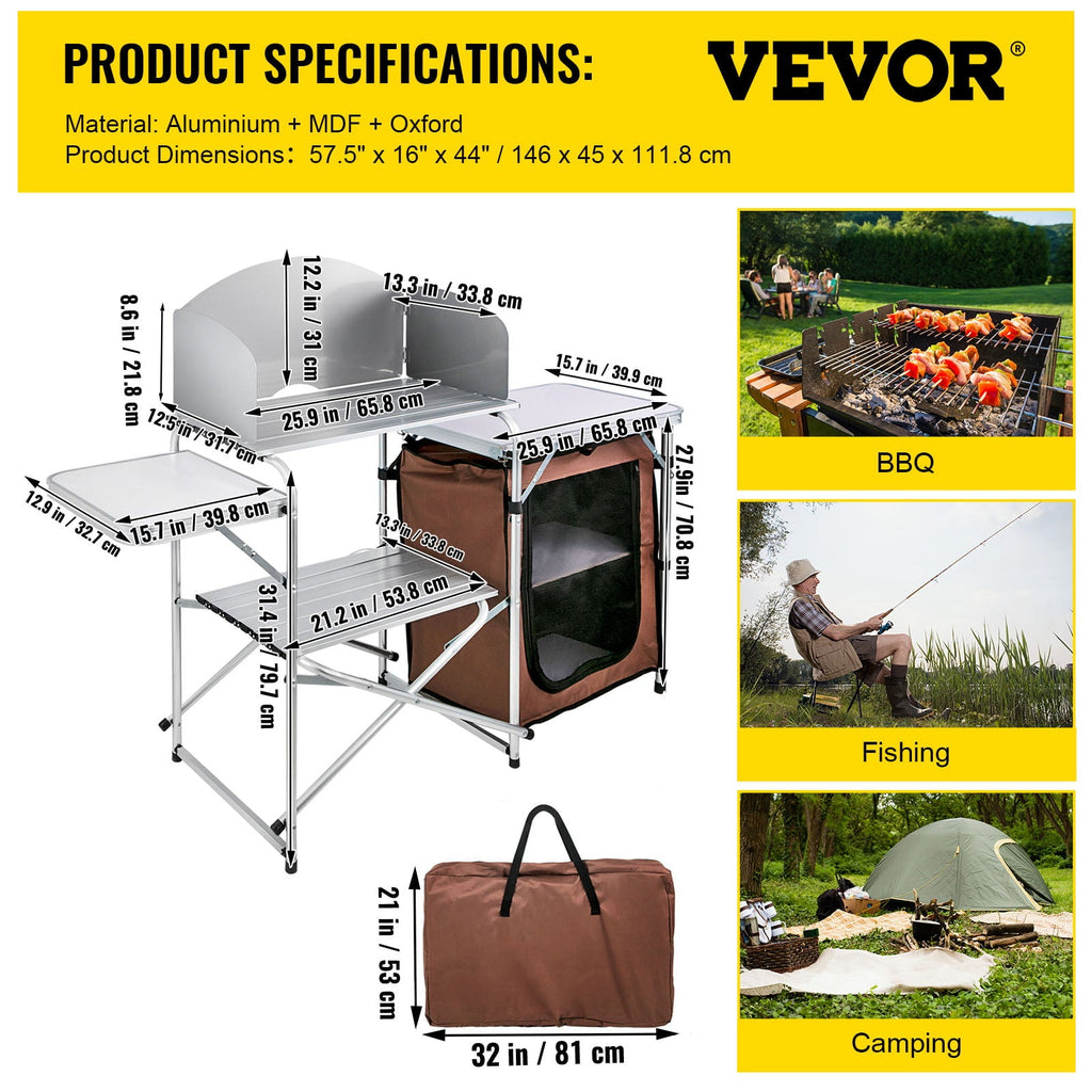 Camping Kitchen Station. Aluminum Portable Folding Camp Cook Table with Windshield. Storage Organizer and 4 Adjustable Feet. Quick Installation for Outdoor Picnic Beach Party Cooking. Brown