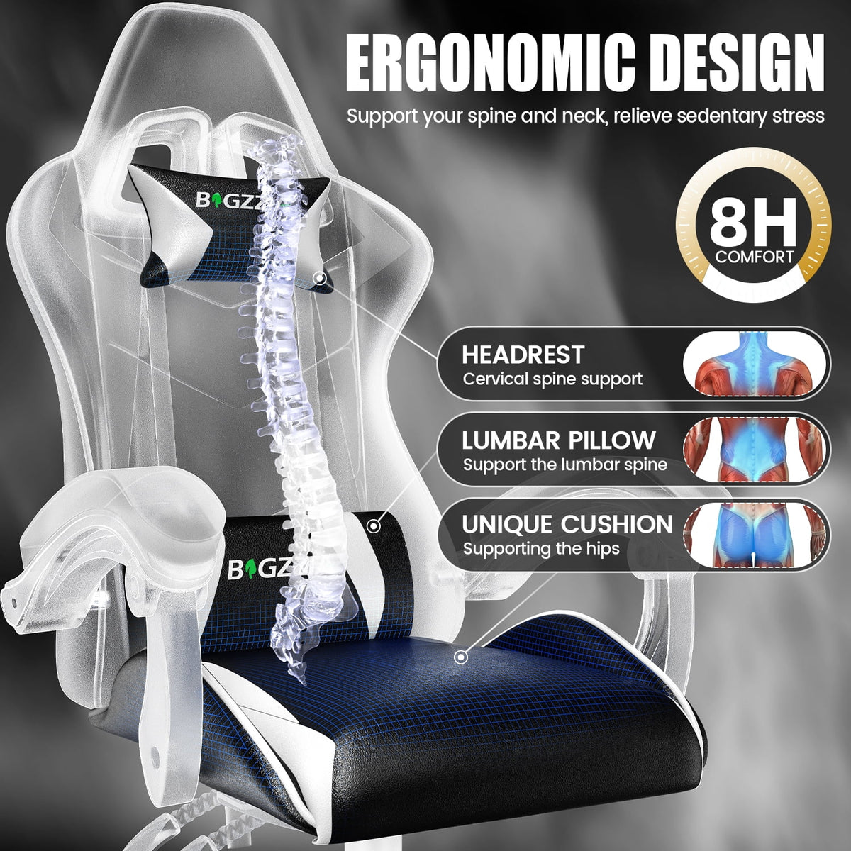 Bigzzia Gaming Chair Office Chair, Ergonomic Game Chair with Height Adjustable Headrest and Lumbar Support for Adults Teens, Black & White
