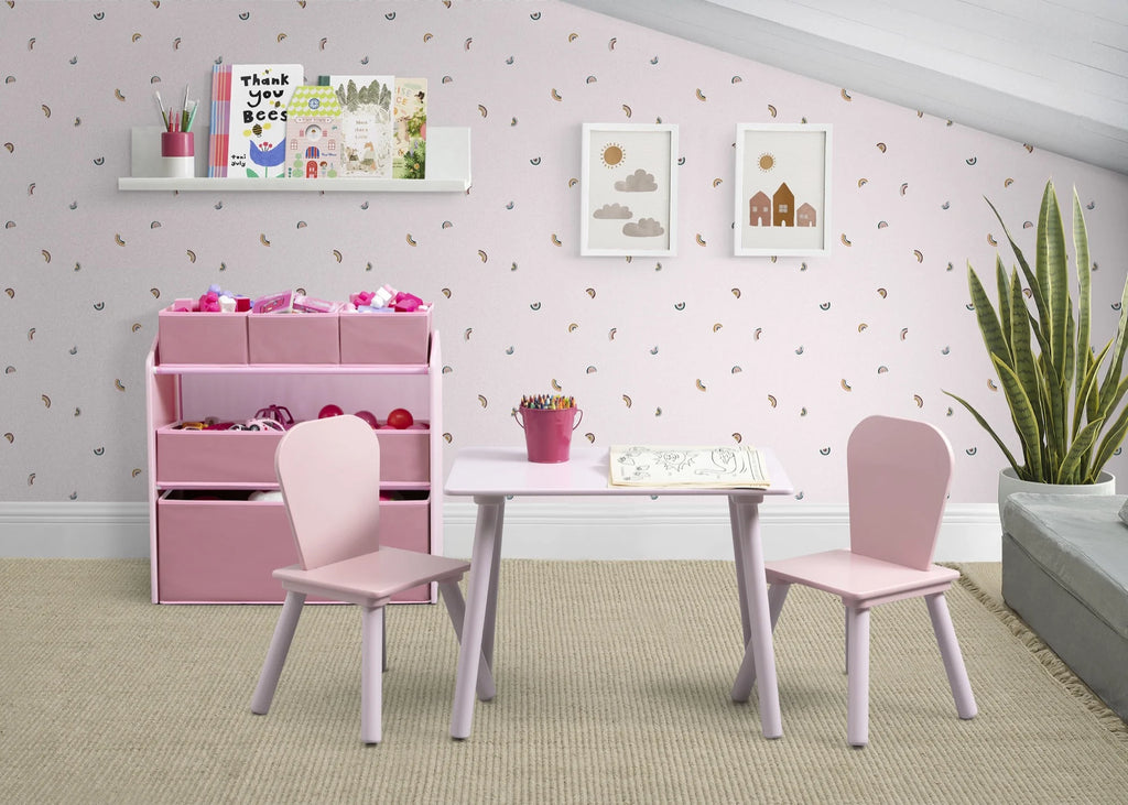 Delta Children 4 - Piece Toddler Playroom Set - Includes Play Table, 2 Chairs and 6 Bin Toy Organizer with Reusable Vinyl Cling Stickers, Light Pink/Dark Pink
