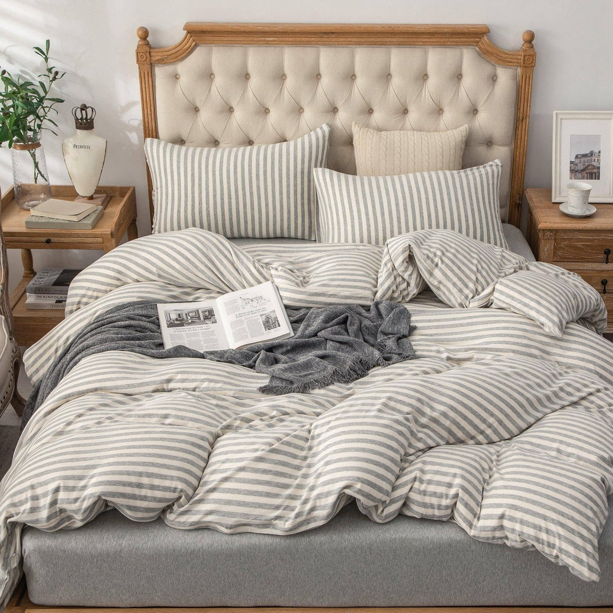 Pure Era 100% Cotton Jersey Knit Duvet Cover Set Grey & White Stripe, Queen, Gray