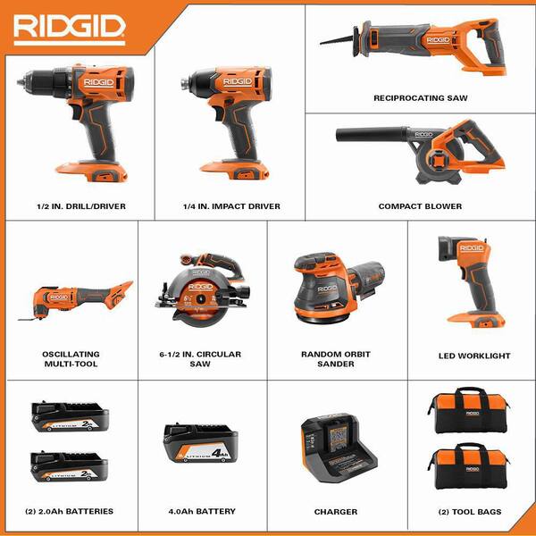 18V Cordless 8-Tool Combo Kit with (3) Batteries. Charger. and Bag with 18V Spotlight