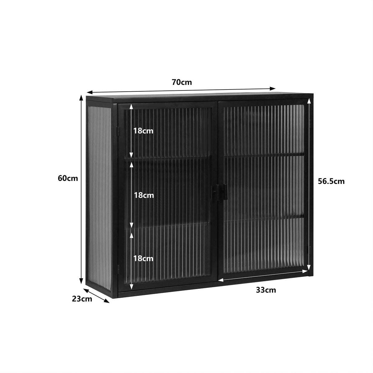 Badezimmerschrank hängend, Moderner Wandschrank 70x23x60 cm mit Glasfront und dreistufigen Regalen, Schwarz