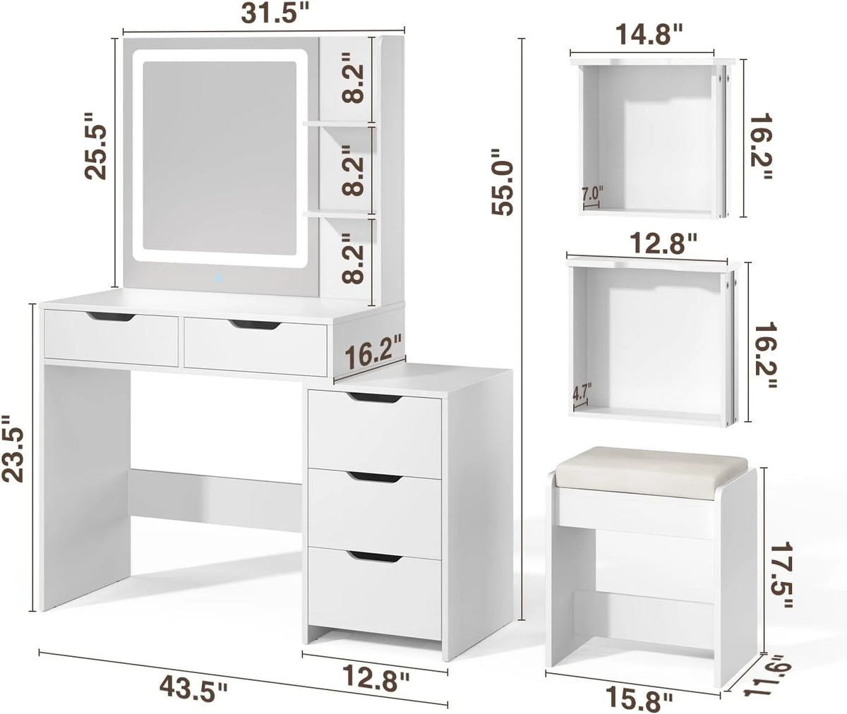 Makeup Vanity Desk with Mirror and Lights, 43.5 Vanity Table with 5 Drawers & Storage Shelves, White