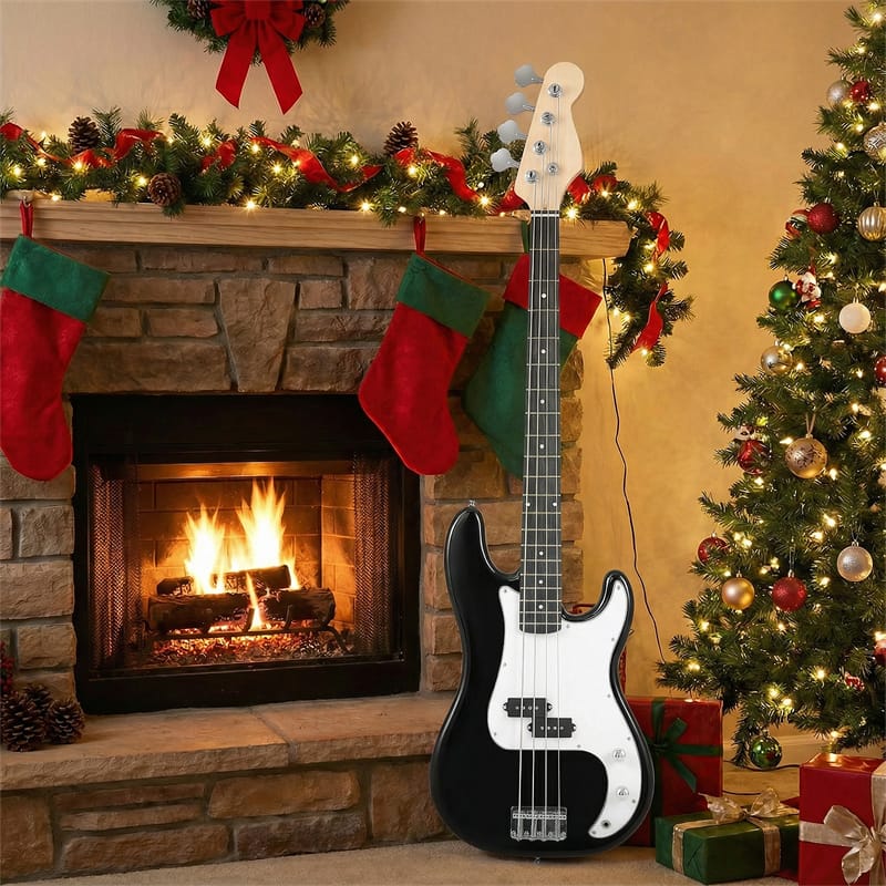 46" Right-handed Electric Bass Guitar, 4 Strings Full Size Bass Kit with Double Pickups, Open-gear Tuning, Gig Bag, Strap & Cable for Beginners