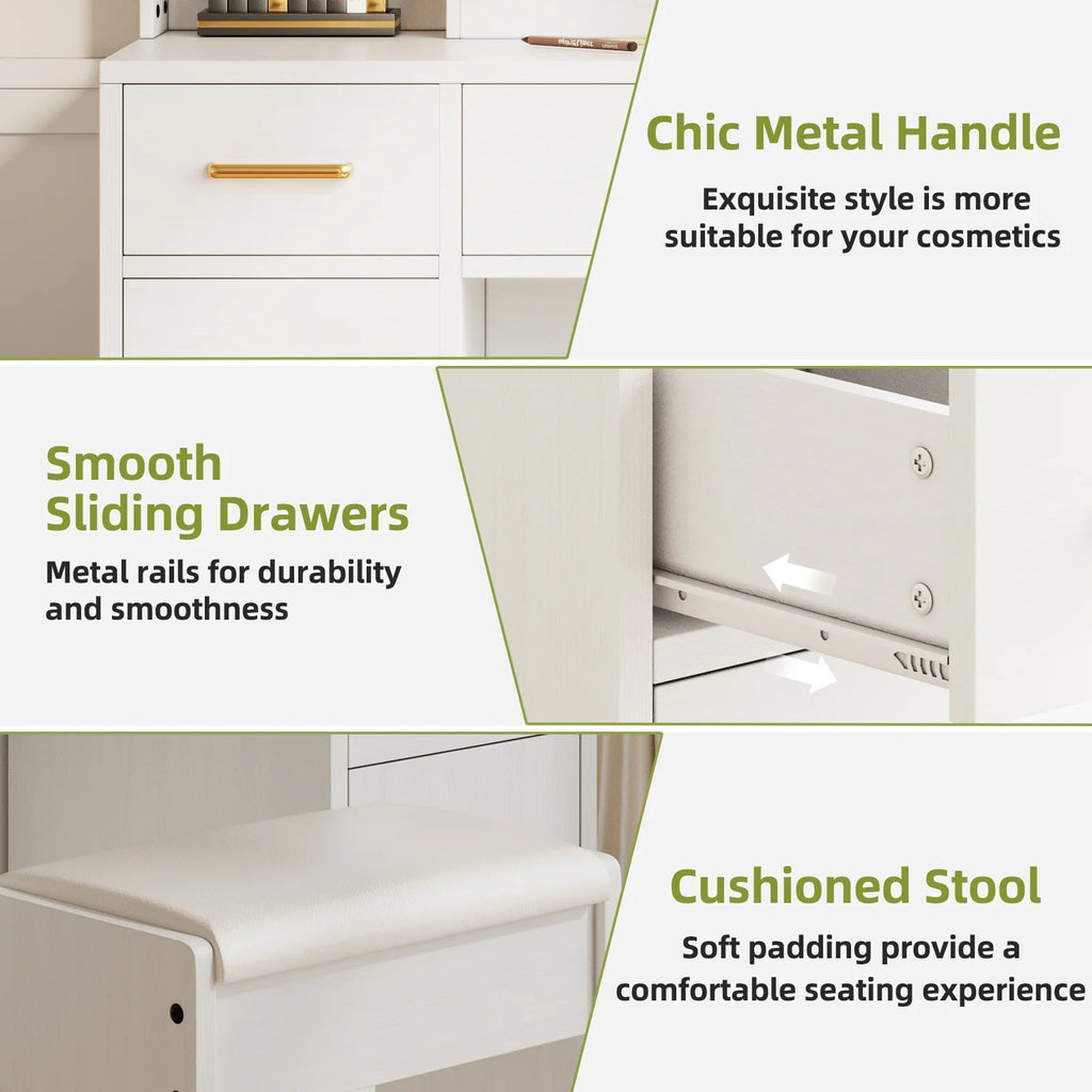 UGTOO 58.3" White Vanity Desk with Mirror, Adjustable Lighting, Power Outlet, Drawers, with Stool